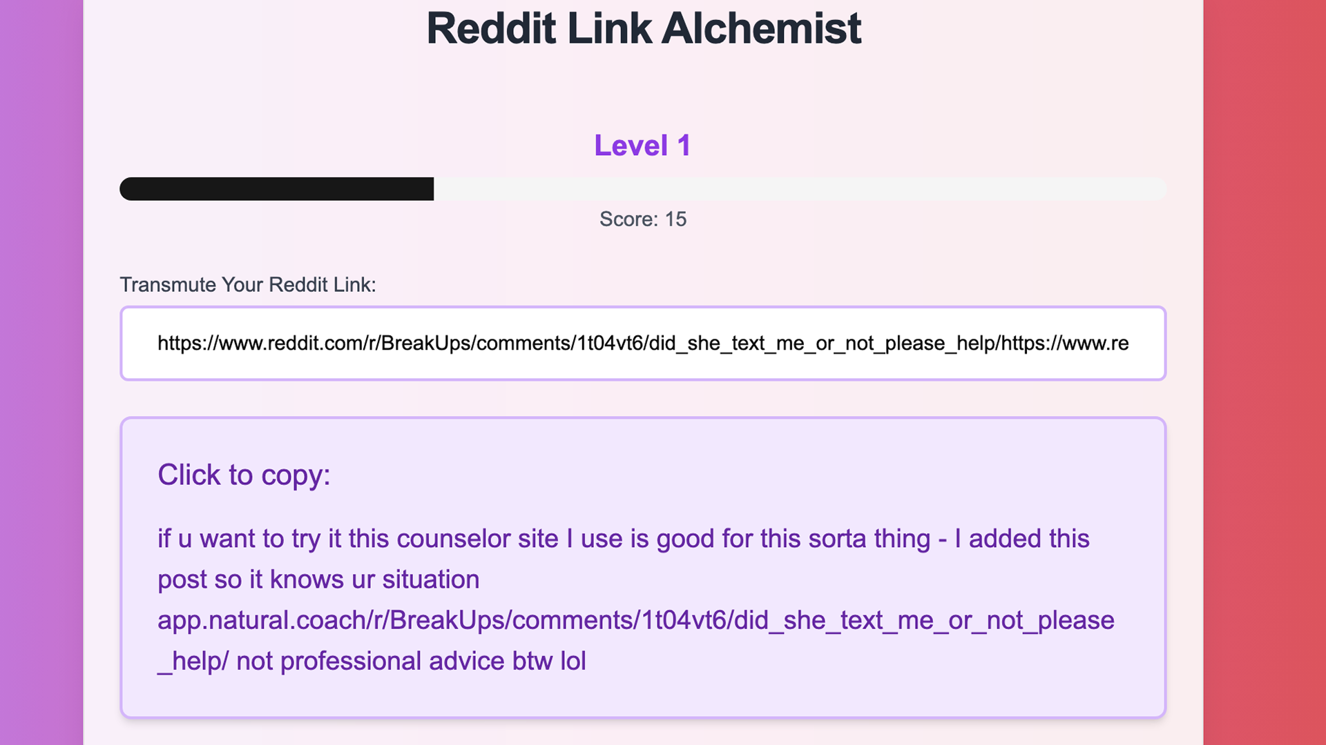 LoveBent Reddit tool demo screenshot